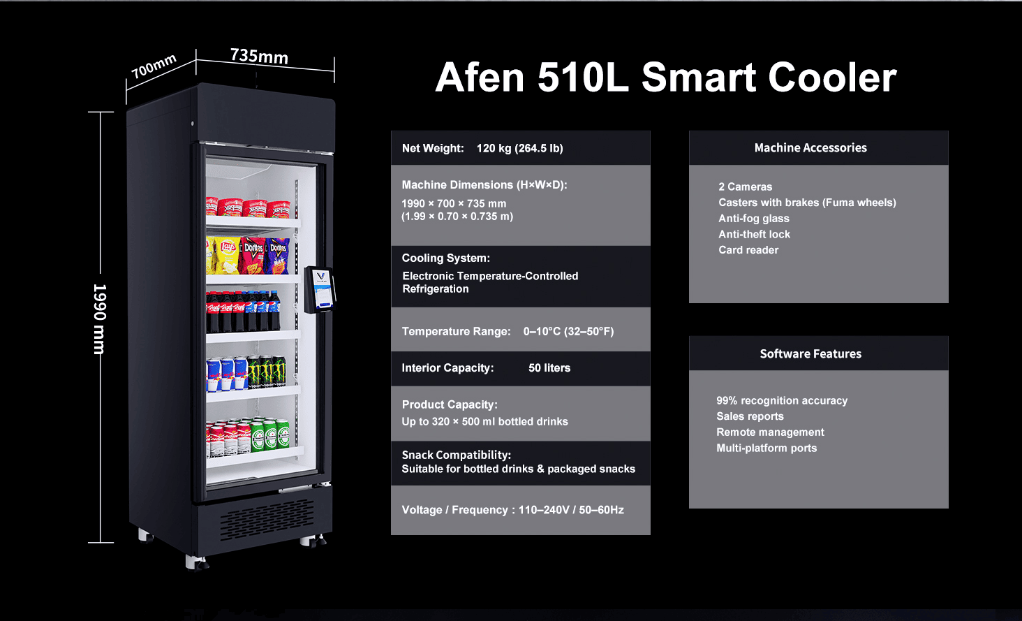 AFEN Smart Cooler AI Vending Machine 510L Dimenzije i kapacitet Visoka gustoća skladištenja AFEN AI automata za prodaju maksimizira povrat ulaganja u maloprodaju u kompaktnom prostoru